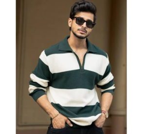 Men Striped Polo Collar Cotton Relaxed Fit T-shirt